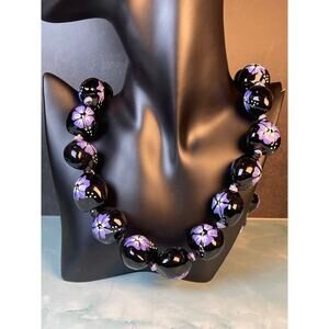 Black Hawaiian Kukui Nut Lei Necklace Hand Painted Hibiscus Flowers